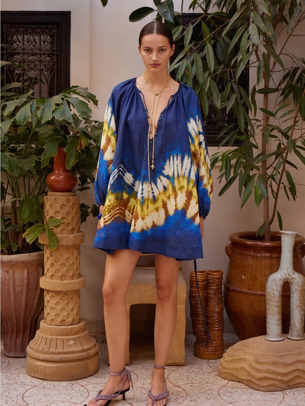 NWT Alemais martine mini dress blue tie dye ramie a-line billow sleeve belted